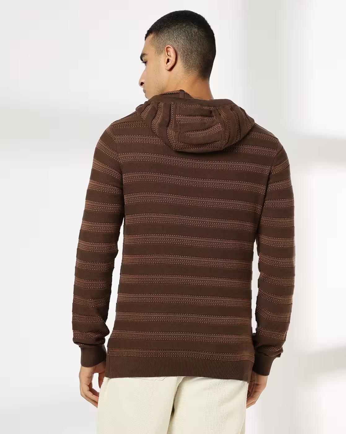 Men Striped Regular Fit Hooded T-Shirt
