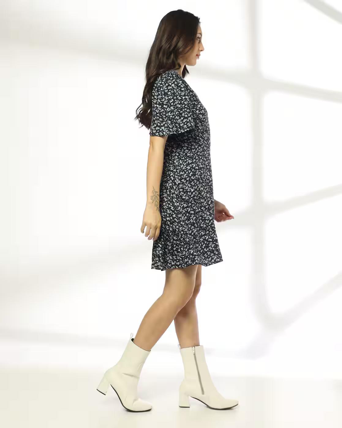 WRAP PRINTED DRESS, BLACK, L
