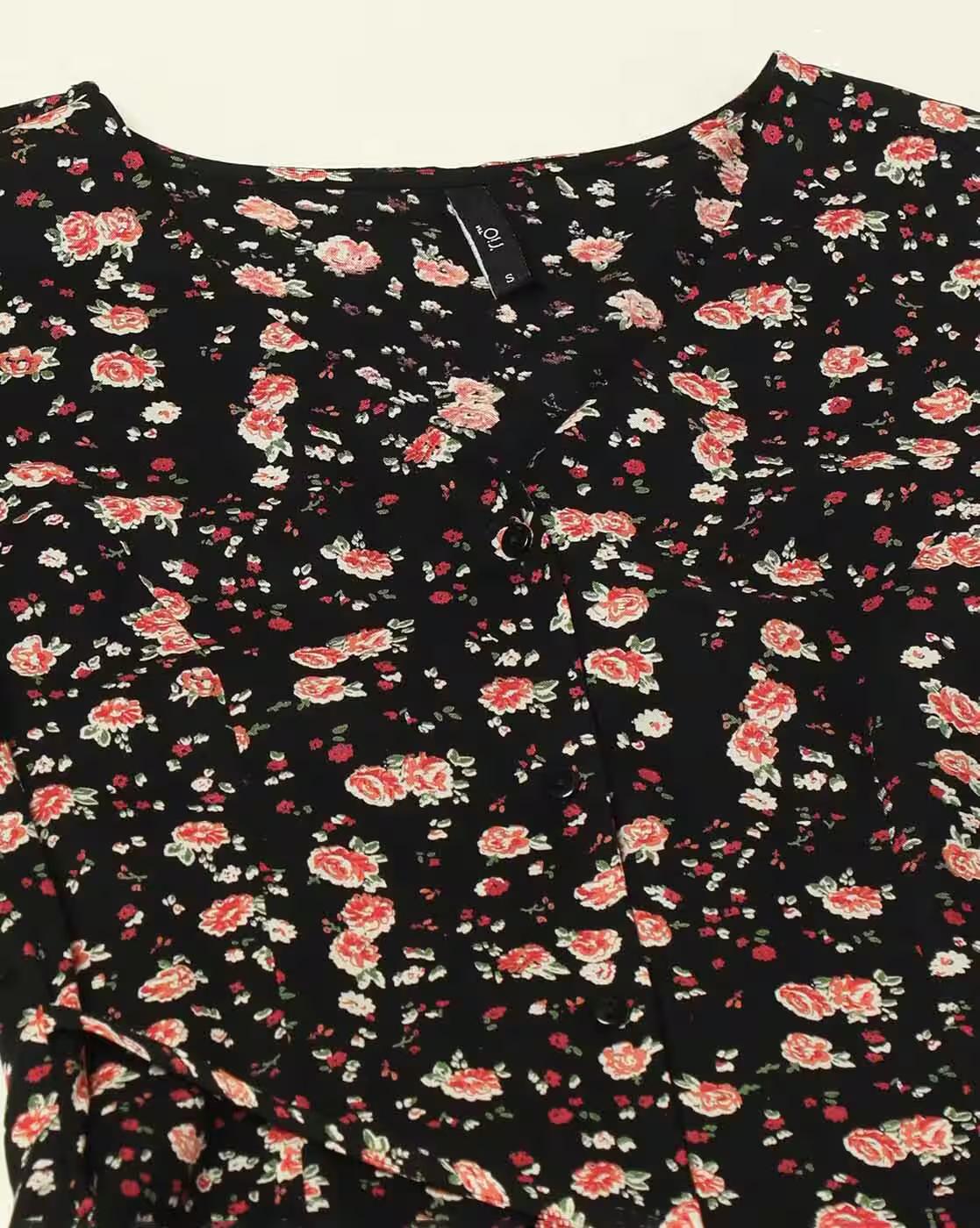 BUTTON DOWN PRINTED DRESS, BLACK, L