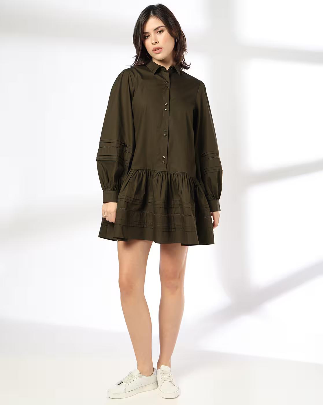 Shirt dress with pleat details, OLIVE, L