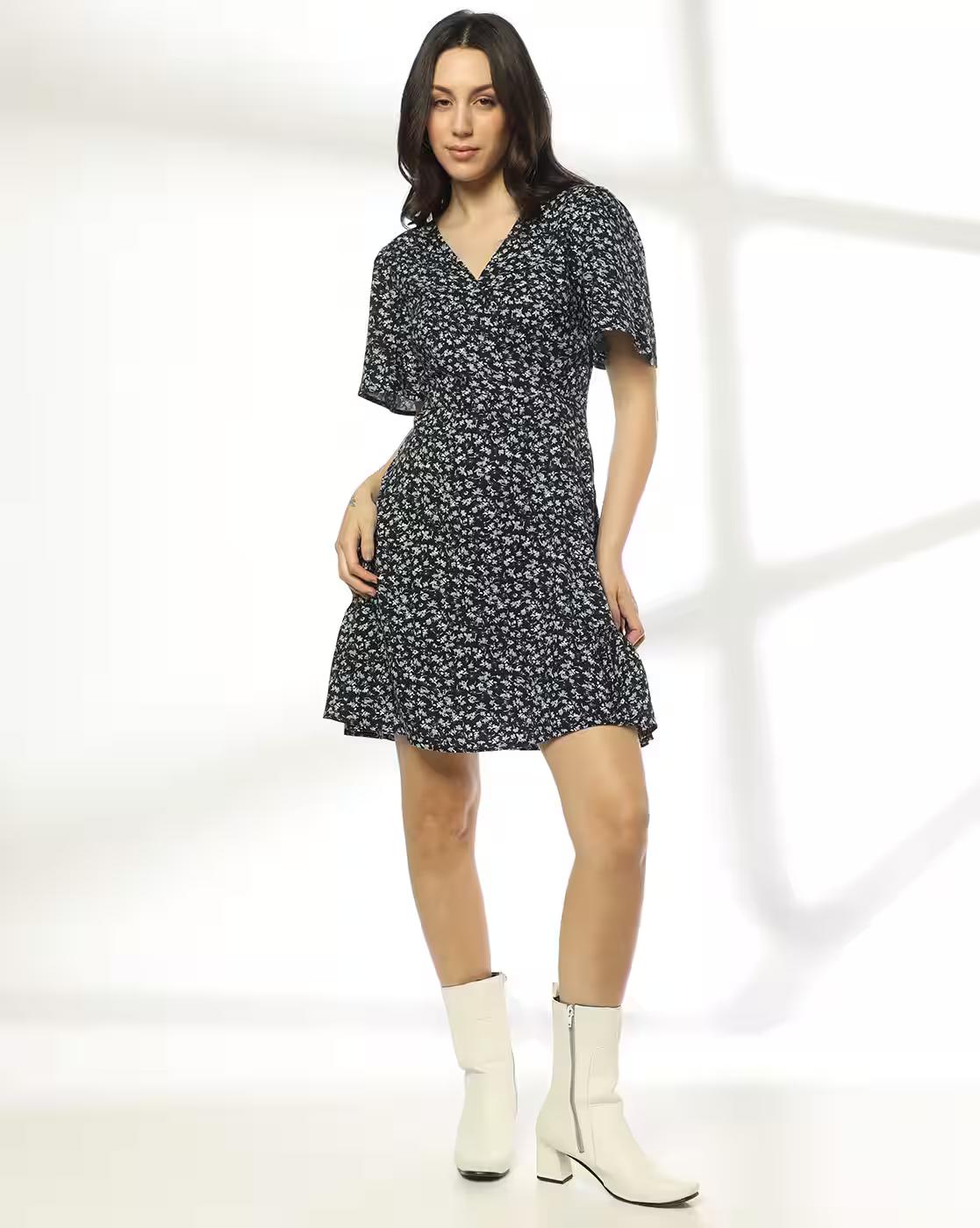 WRAP PRINTED DRESS, BLACK, L