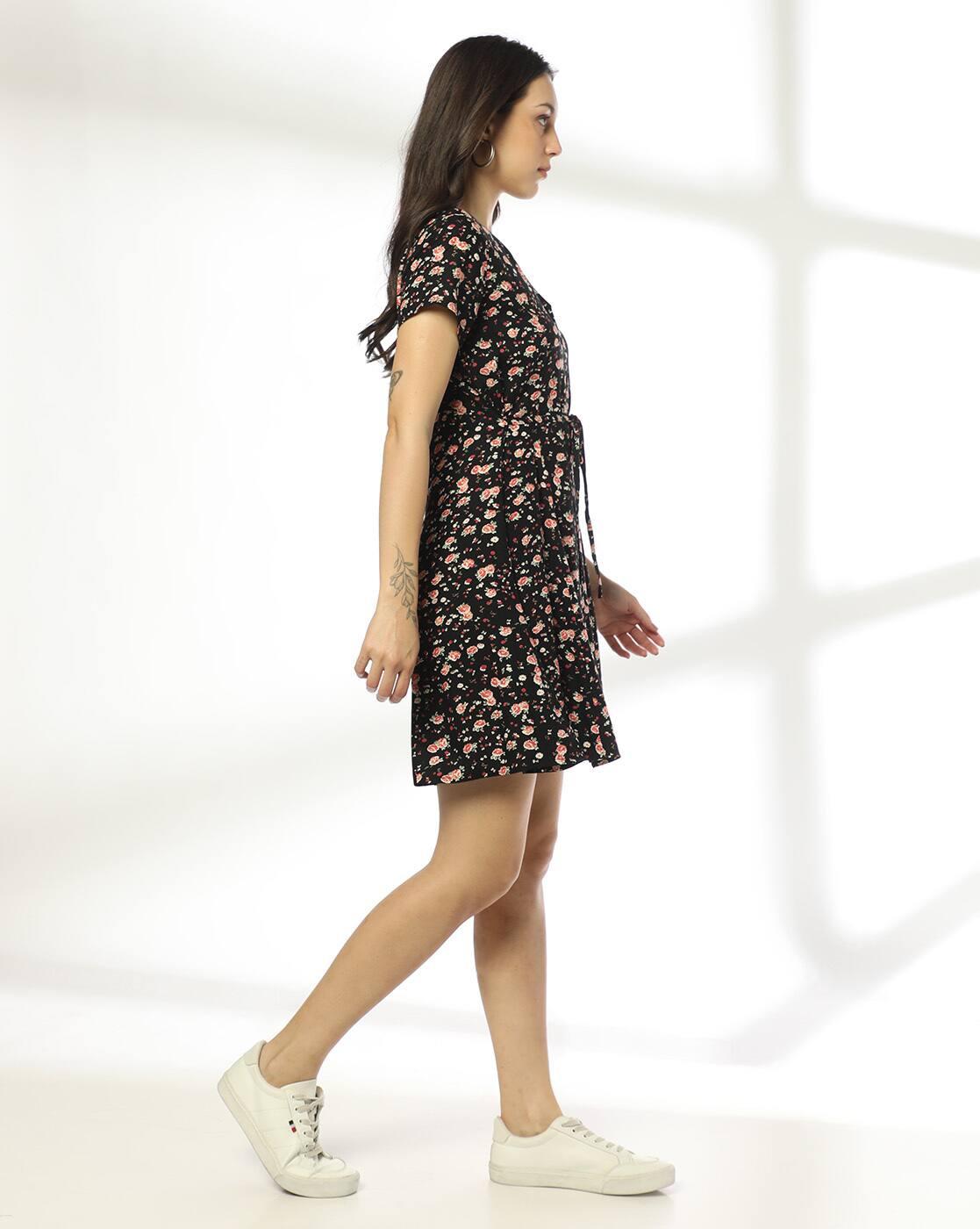BUTTON DOWN PRINTED DRESS, BLACK, L