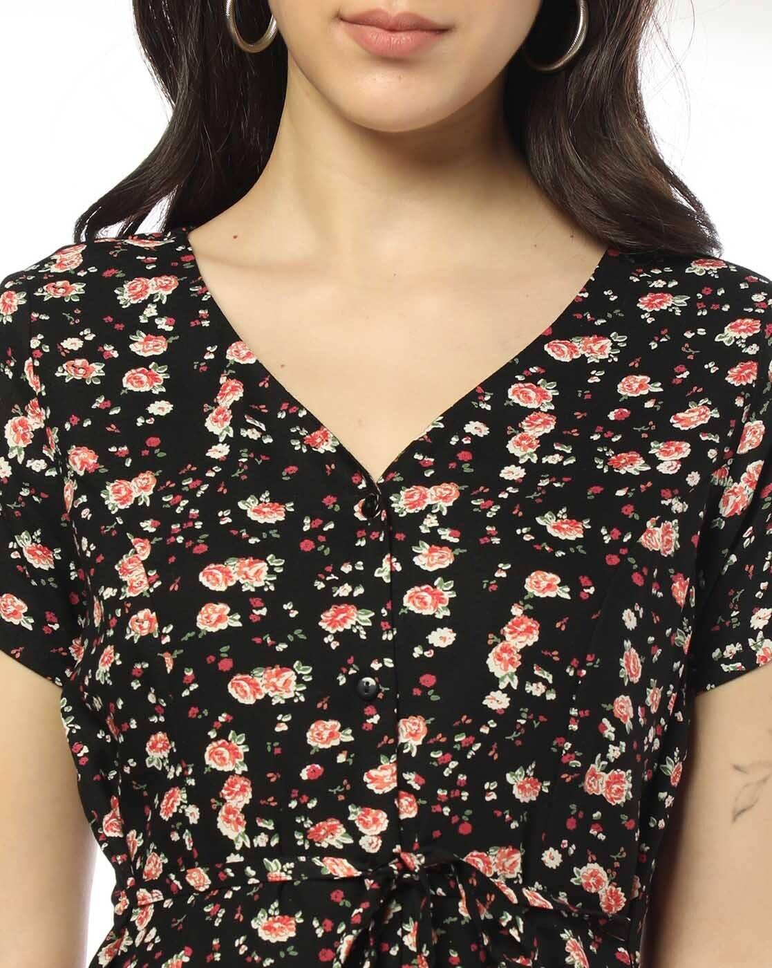 BUTTON DOWN PRINTED DRESS, BLACK, L
