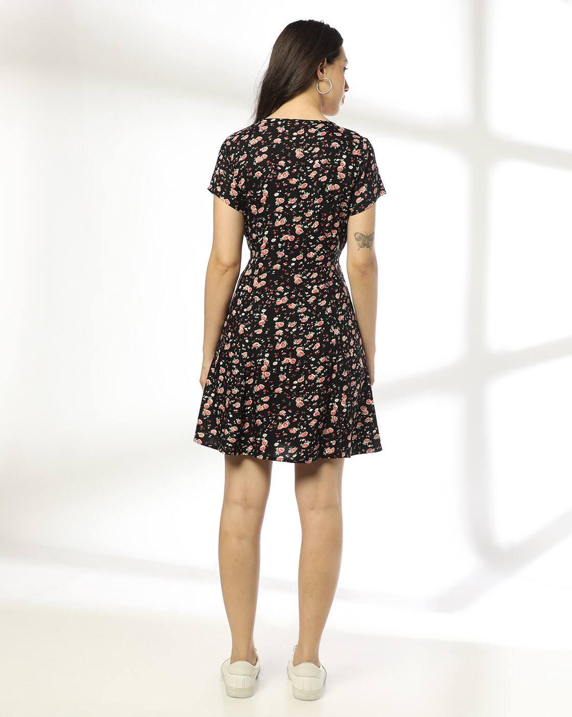 BUTTON DOWN PRINTED DRESS, BLACK, L