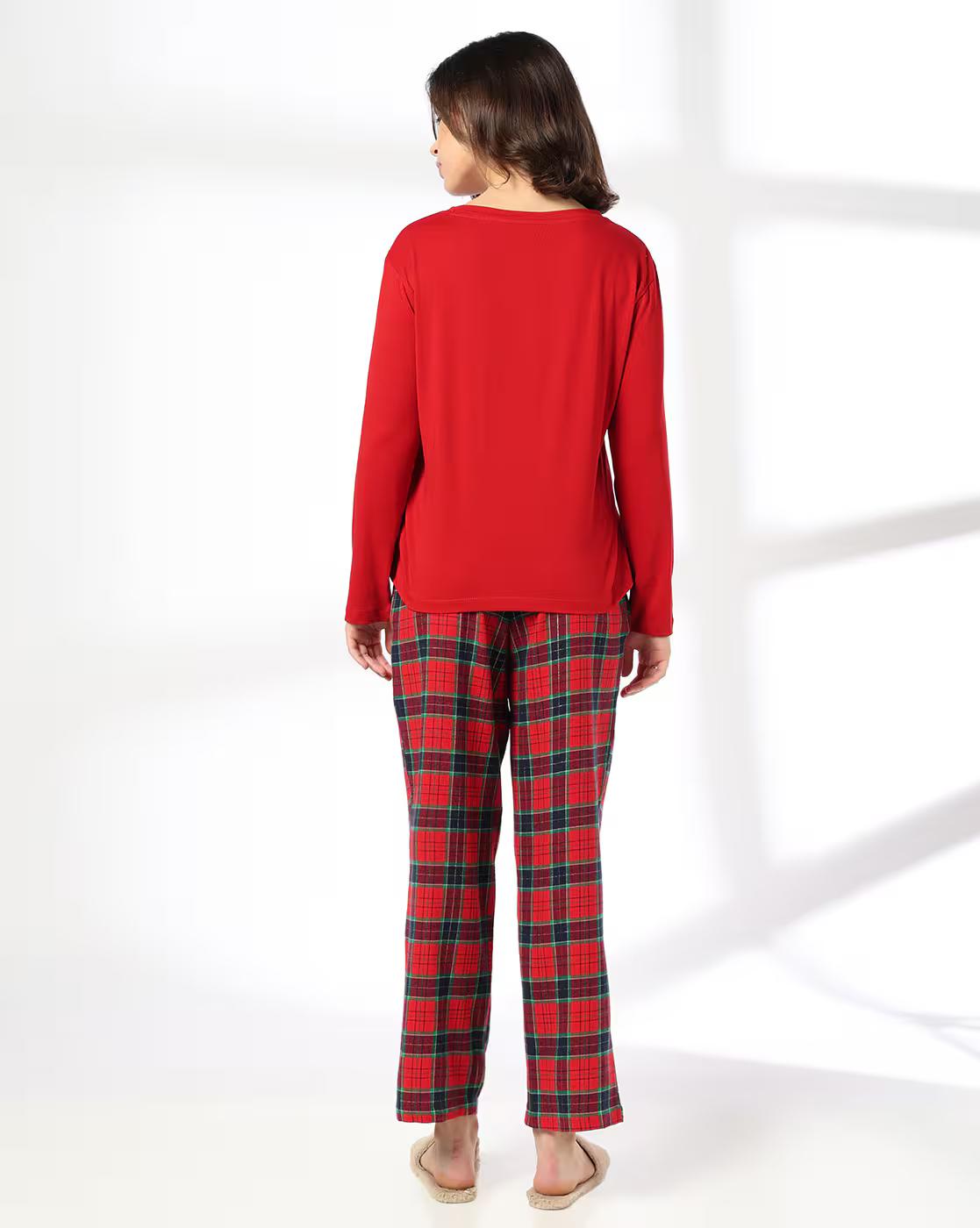 Knit Top Flannel Bottom Set, RED, XS