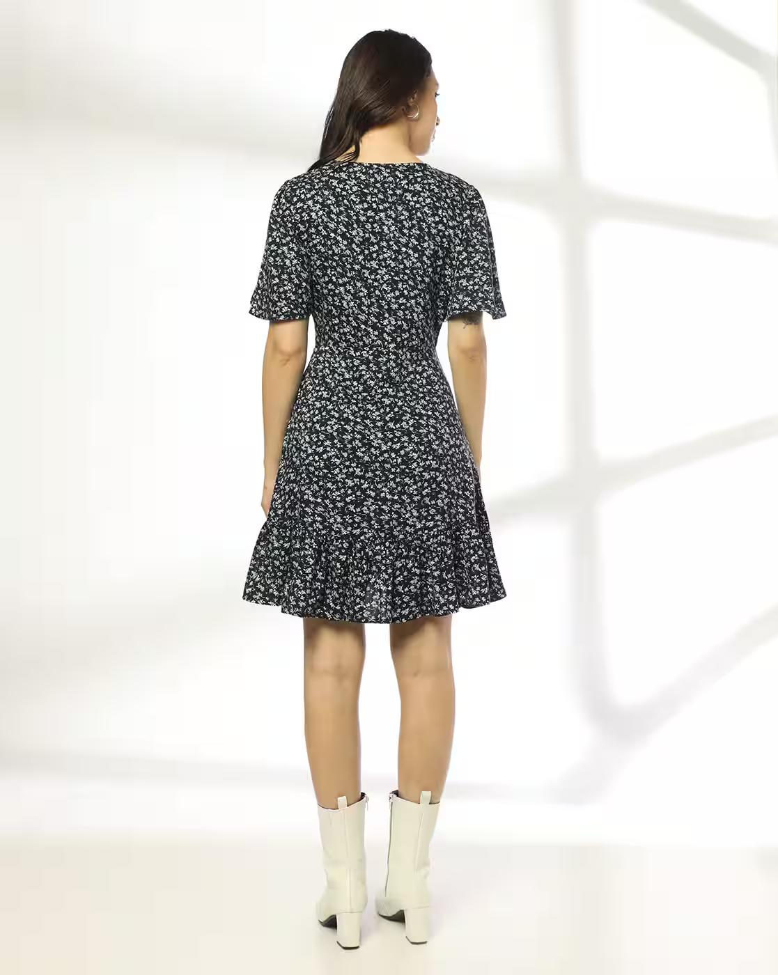 WRAP PRINTED DRESS, BLACK, L