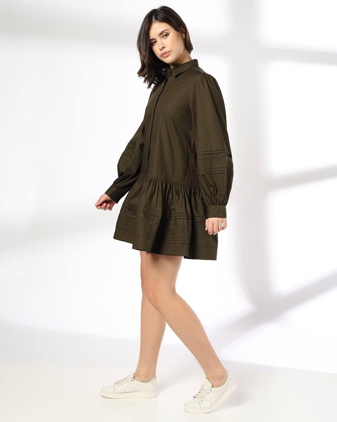 Shirt dress with pleat details, OLIVE, L