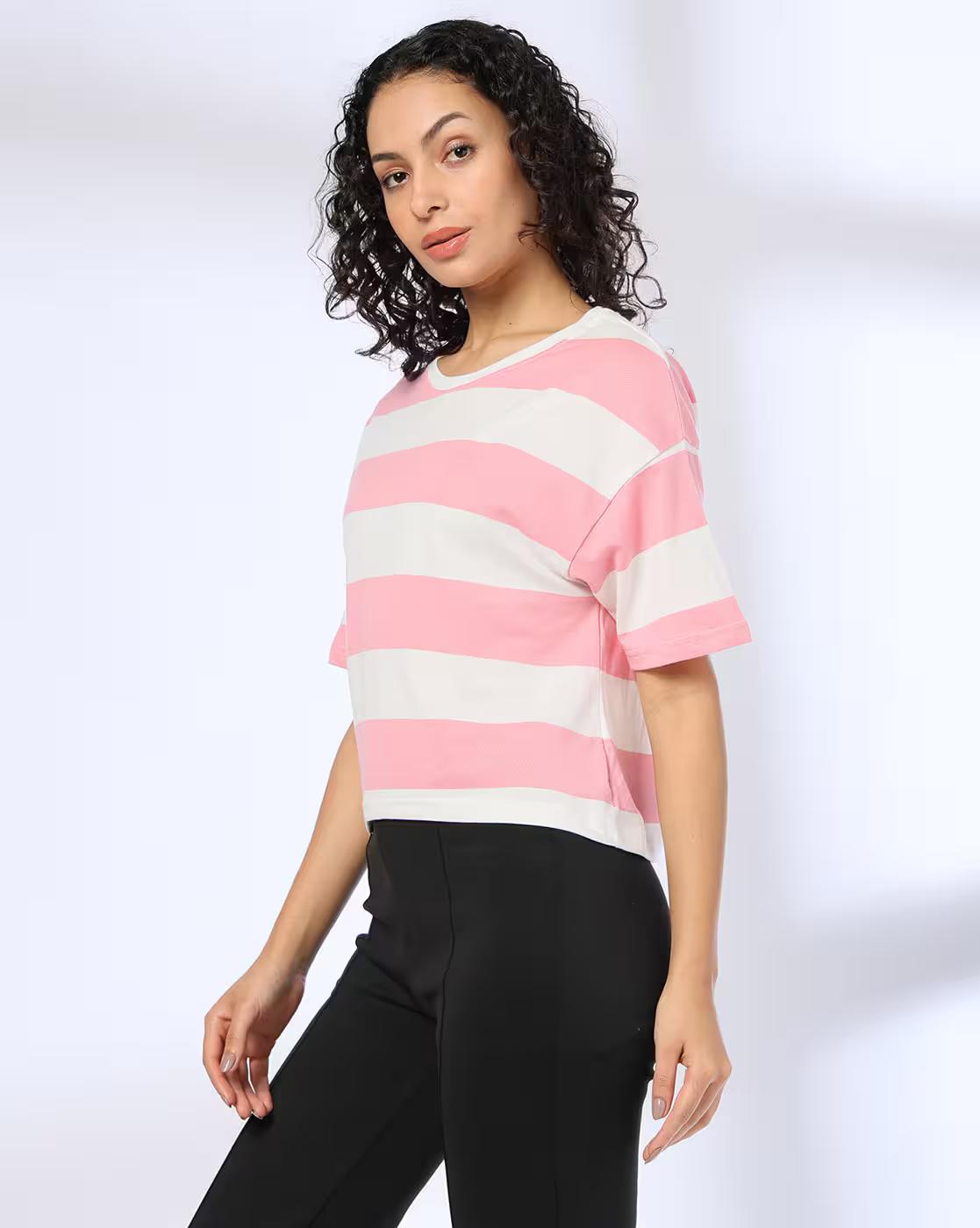 Women Broad Striped Boxy Fit Round-Neck T-Shirt