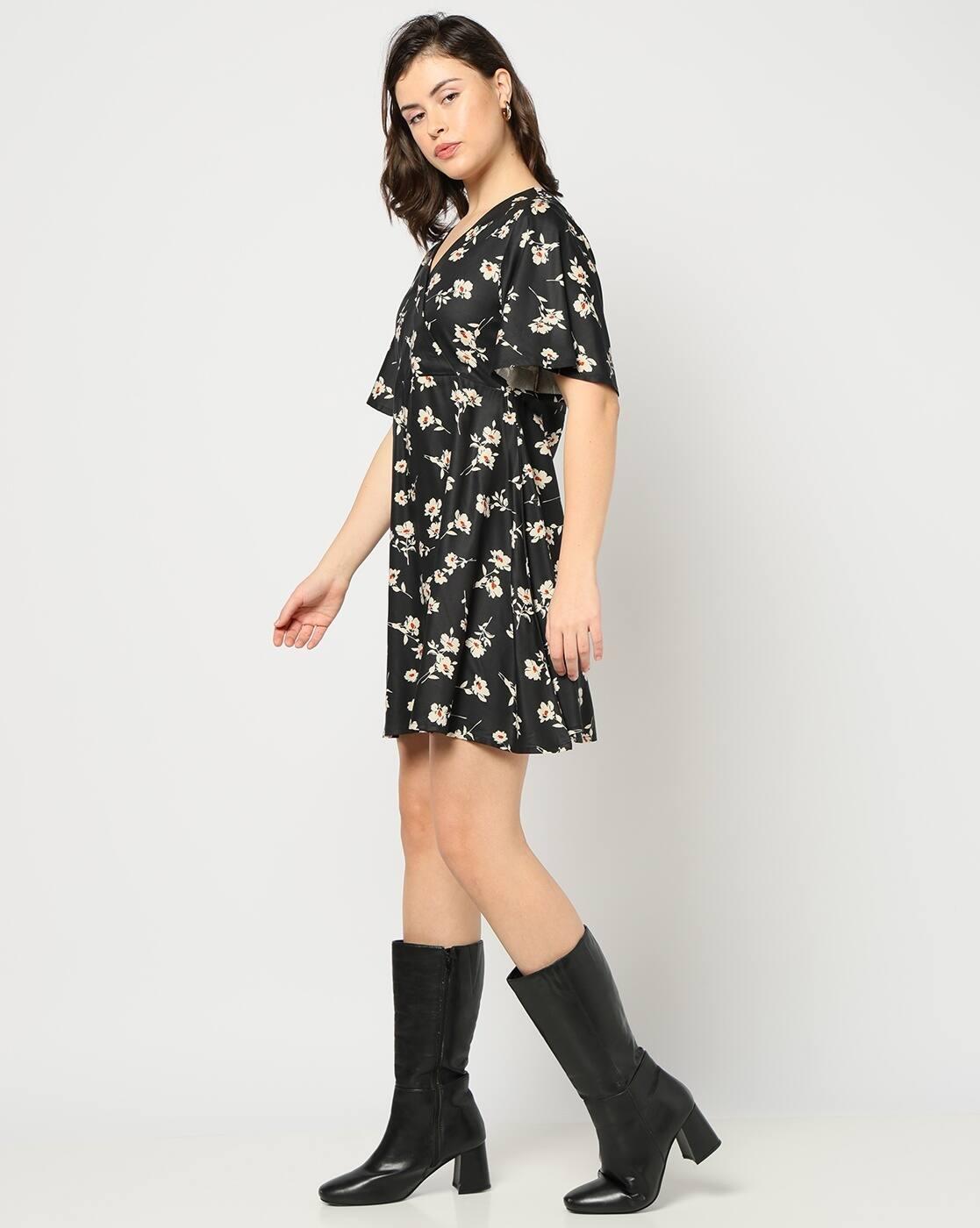 Women Floral Print V-Neck Wrap Fit & Flare Dress