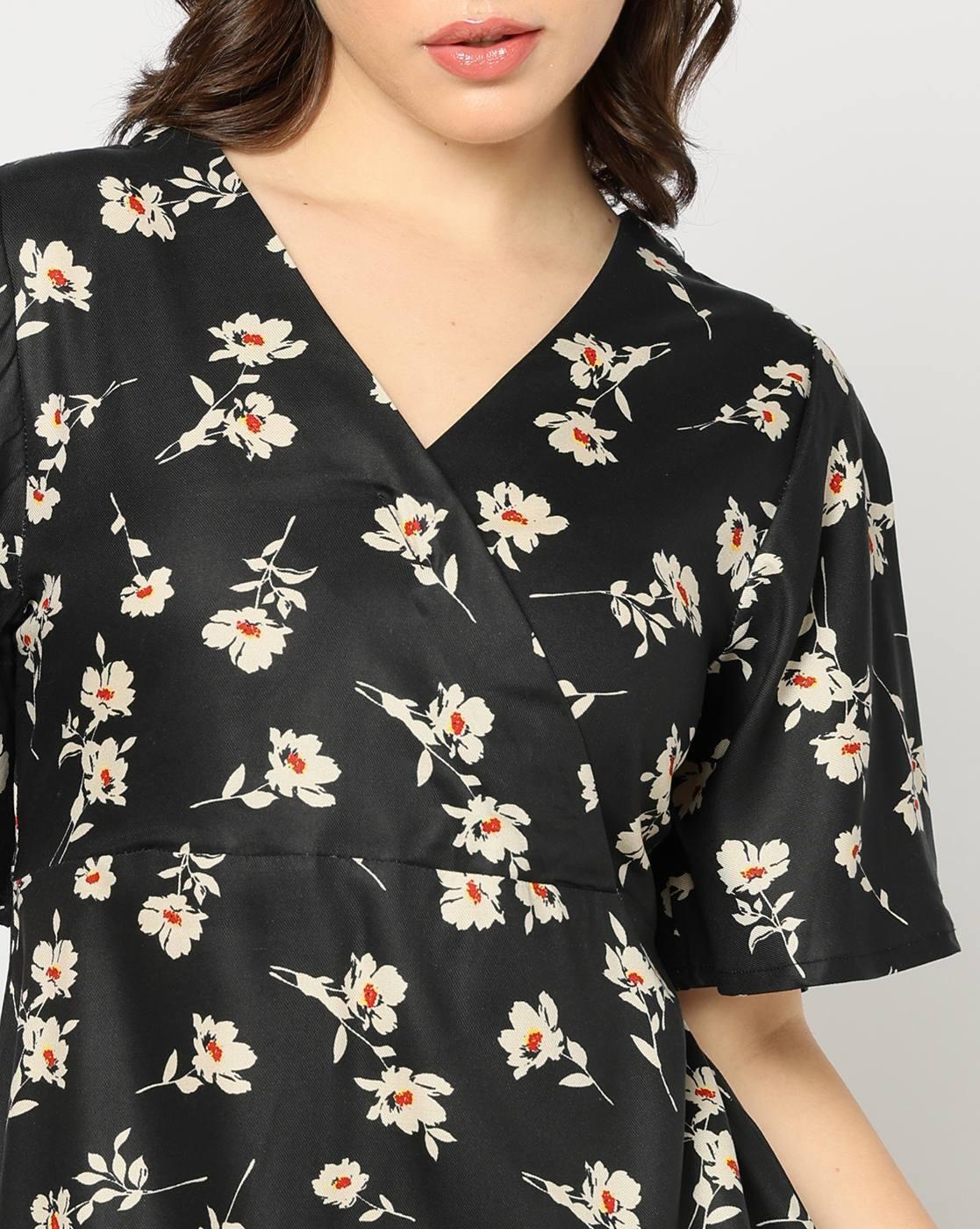 Women Floral Print V-Neck Wrap Fit & Flare Dress