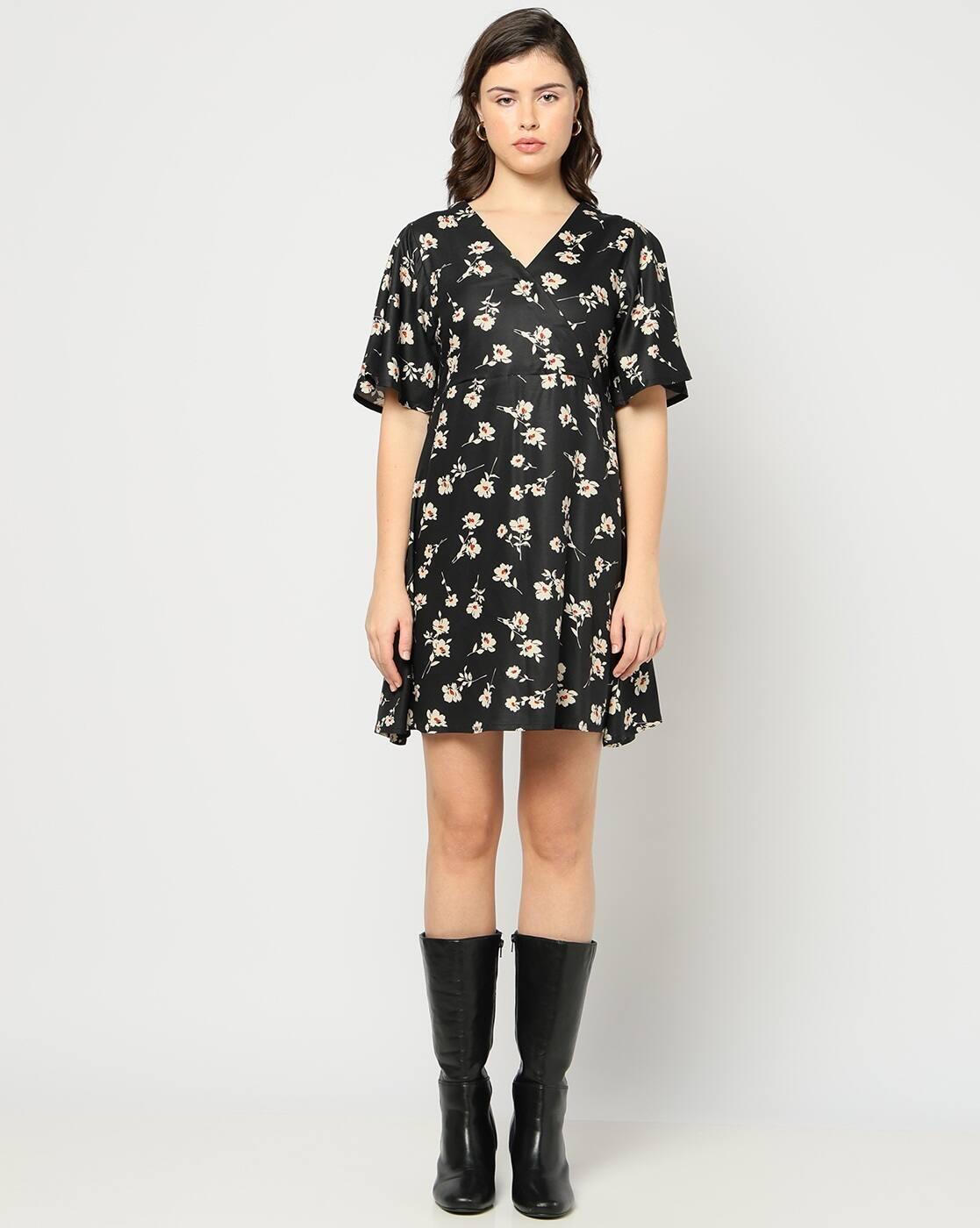 Women Floral Print V-Neck Wrap Fit & Flare Dress