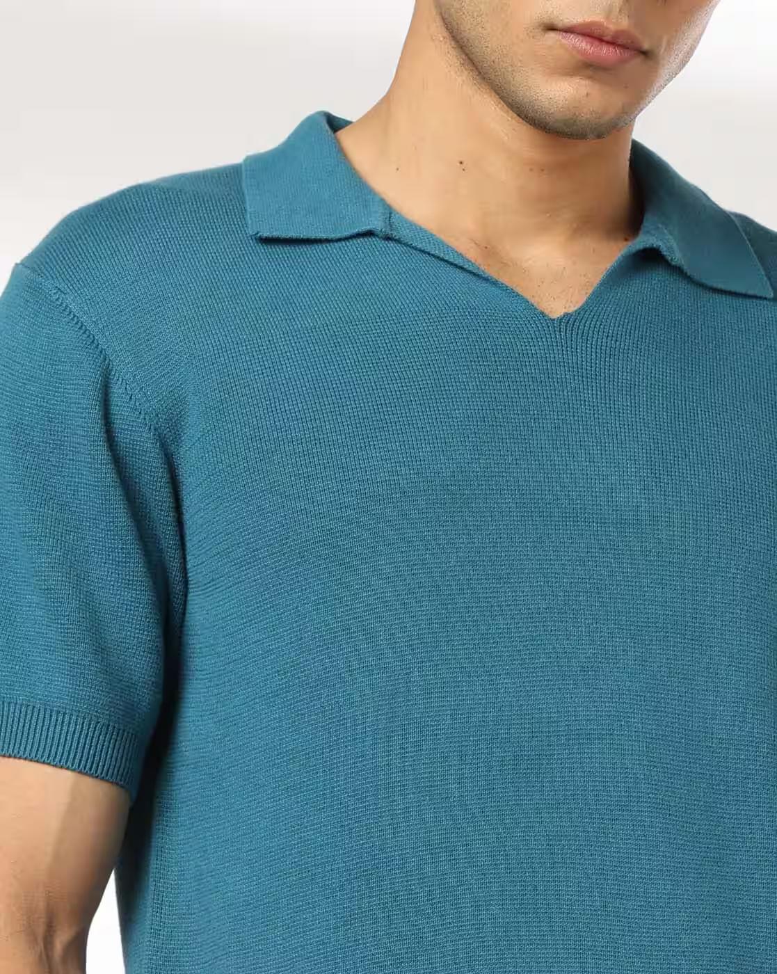 FLAT KNIT STYLE WITH V NECK COL, TEAL, L