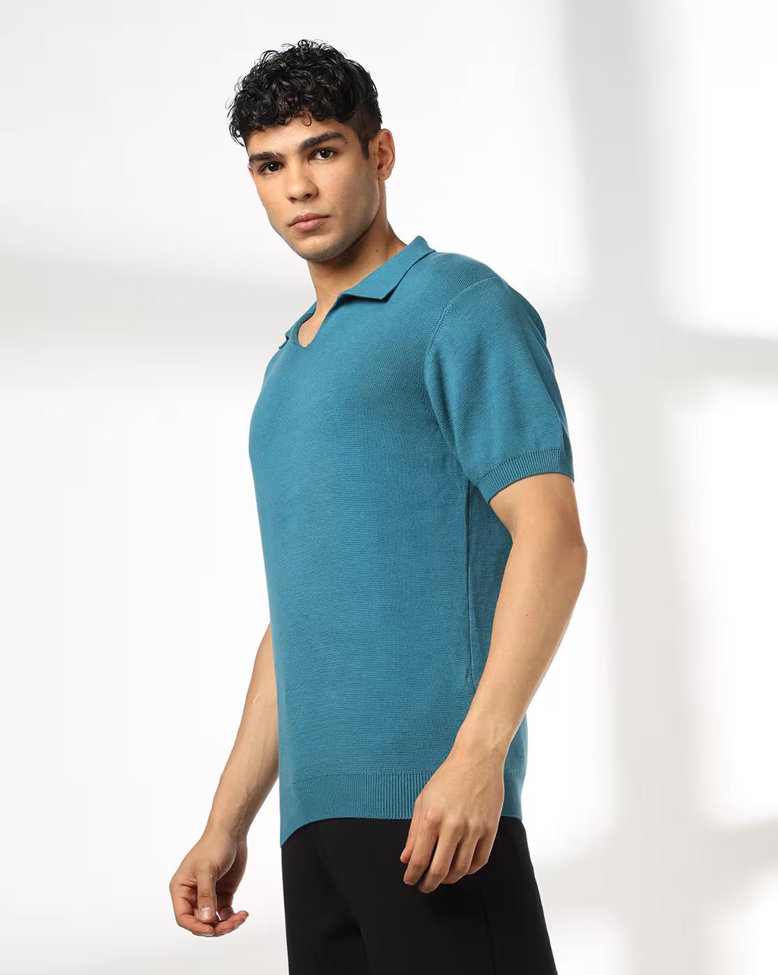 FLAT KNIT STYLE WITH V NECK COL, TEAL, L