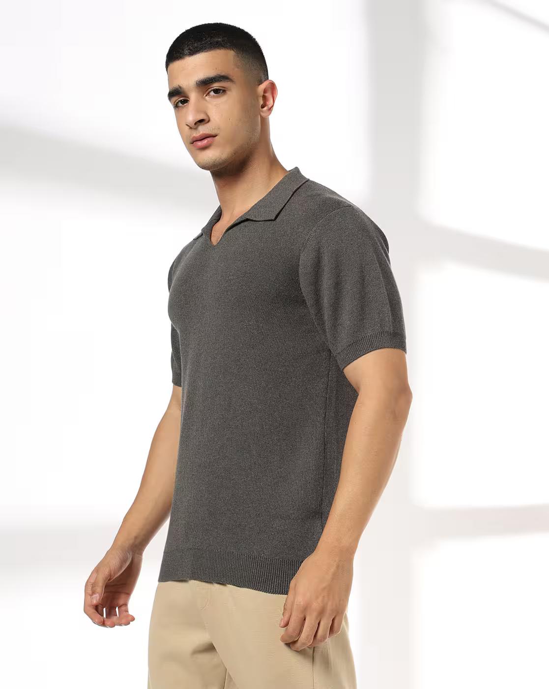 FLAT KNIT STYLE WITH V NECK, CHARCOAL, S