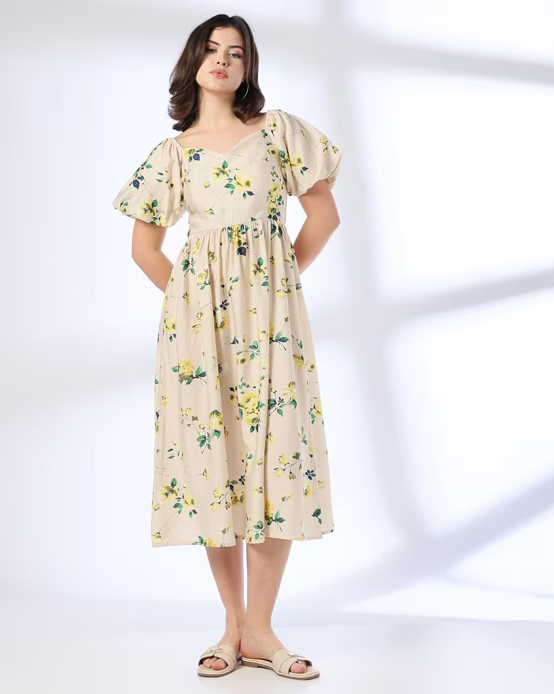 Women Floral Print Smocked Fit & Flare Dress