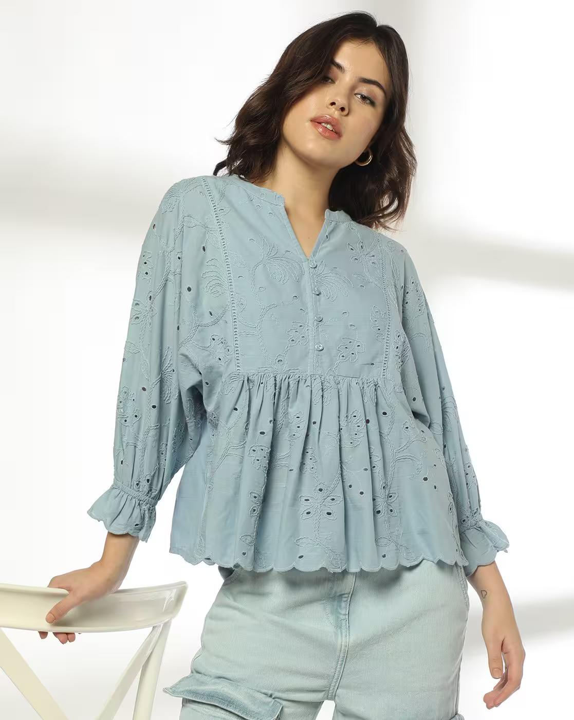 Y Notch Embroidered Peplum Top, BLUE, M