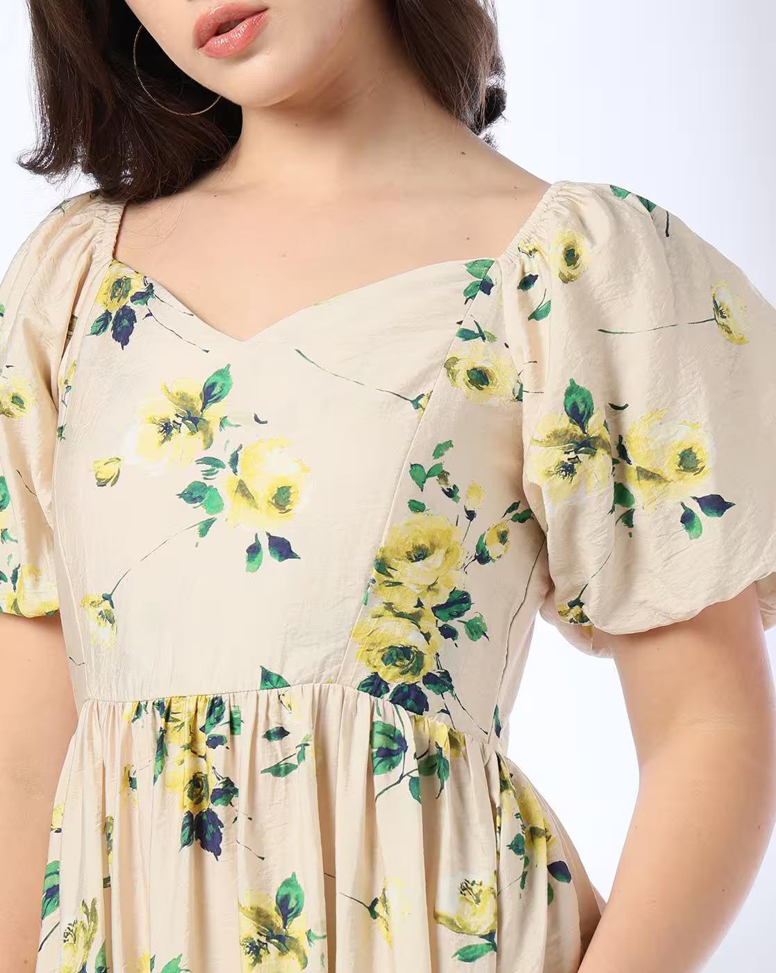 Women Floral Print Smocked Fit & Flare Dress