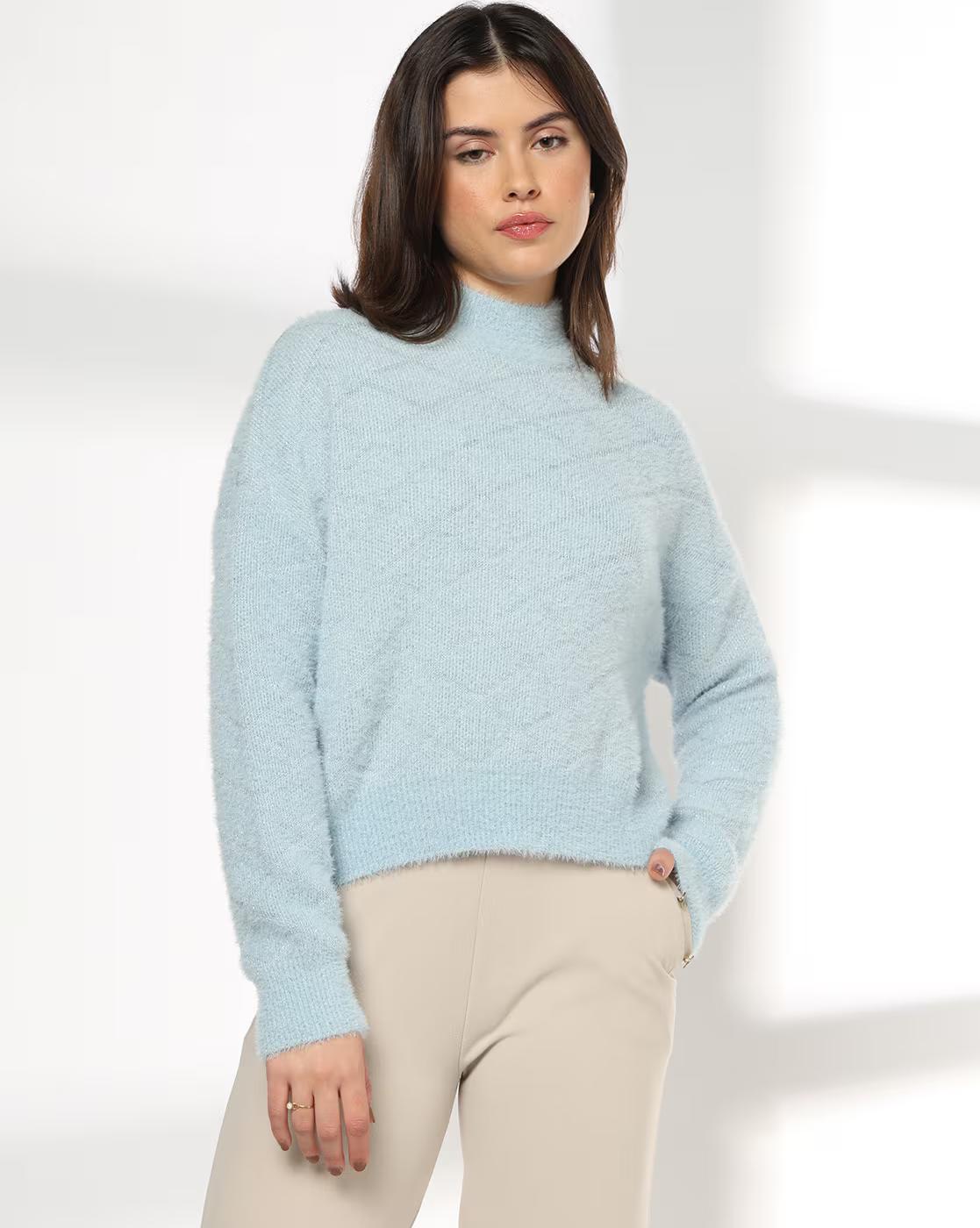 Women Checked Oversized High-Neck Pullover