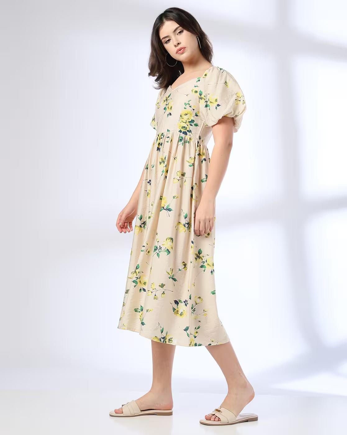 Women Floral Print Smocked Fit & Flare Dress