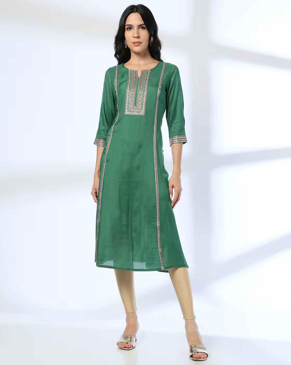 EMBROIDERED FLARED FESTIVE KUR, GREEN, M