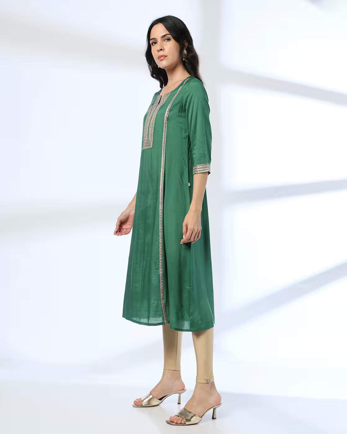 EMBROIDERED FLARED FESTIVE KUR, GREEN, M