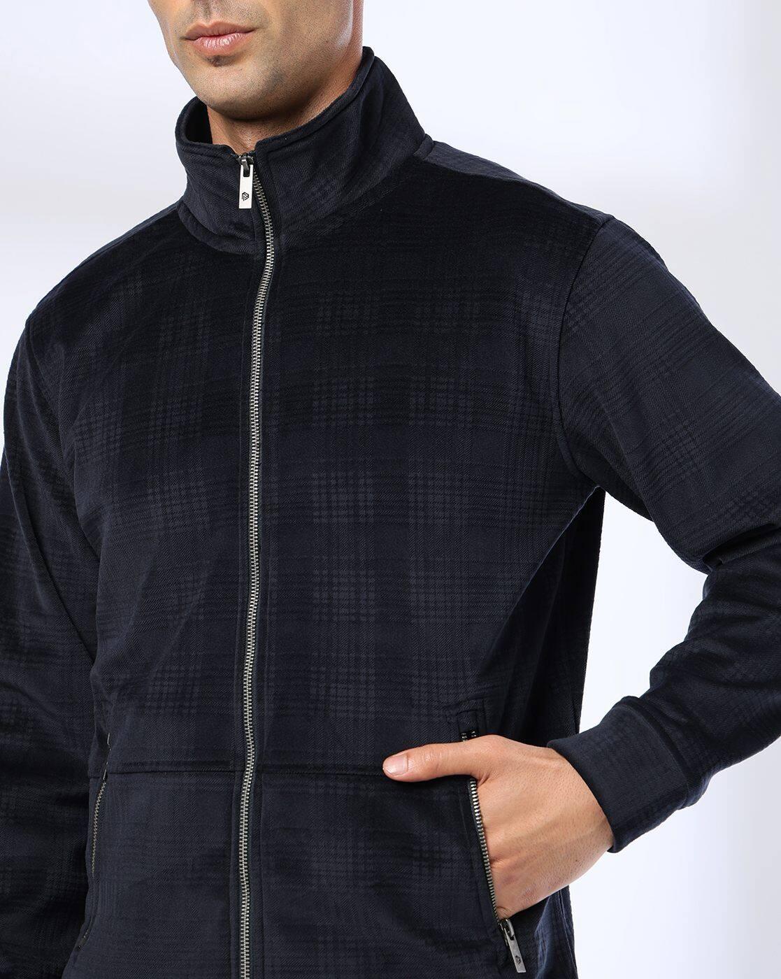 Men Checked Slim Fit Zip-Front Sweatshirt