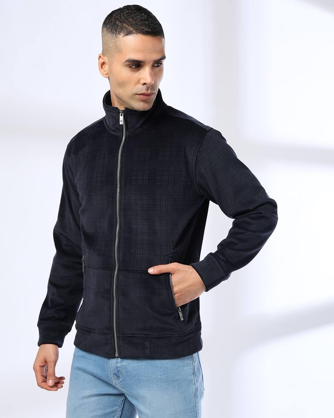 Men Checked Slim Fit Zip-Front Sweatshirt
