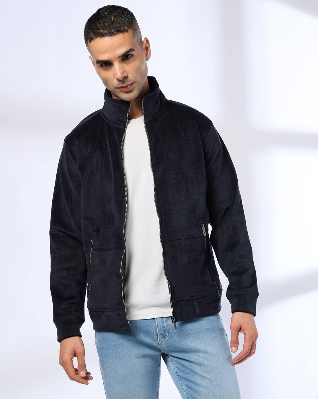 Men Checked Slim Fit Zip-Front Sweatshirt