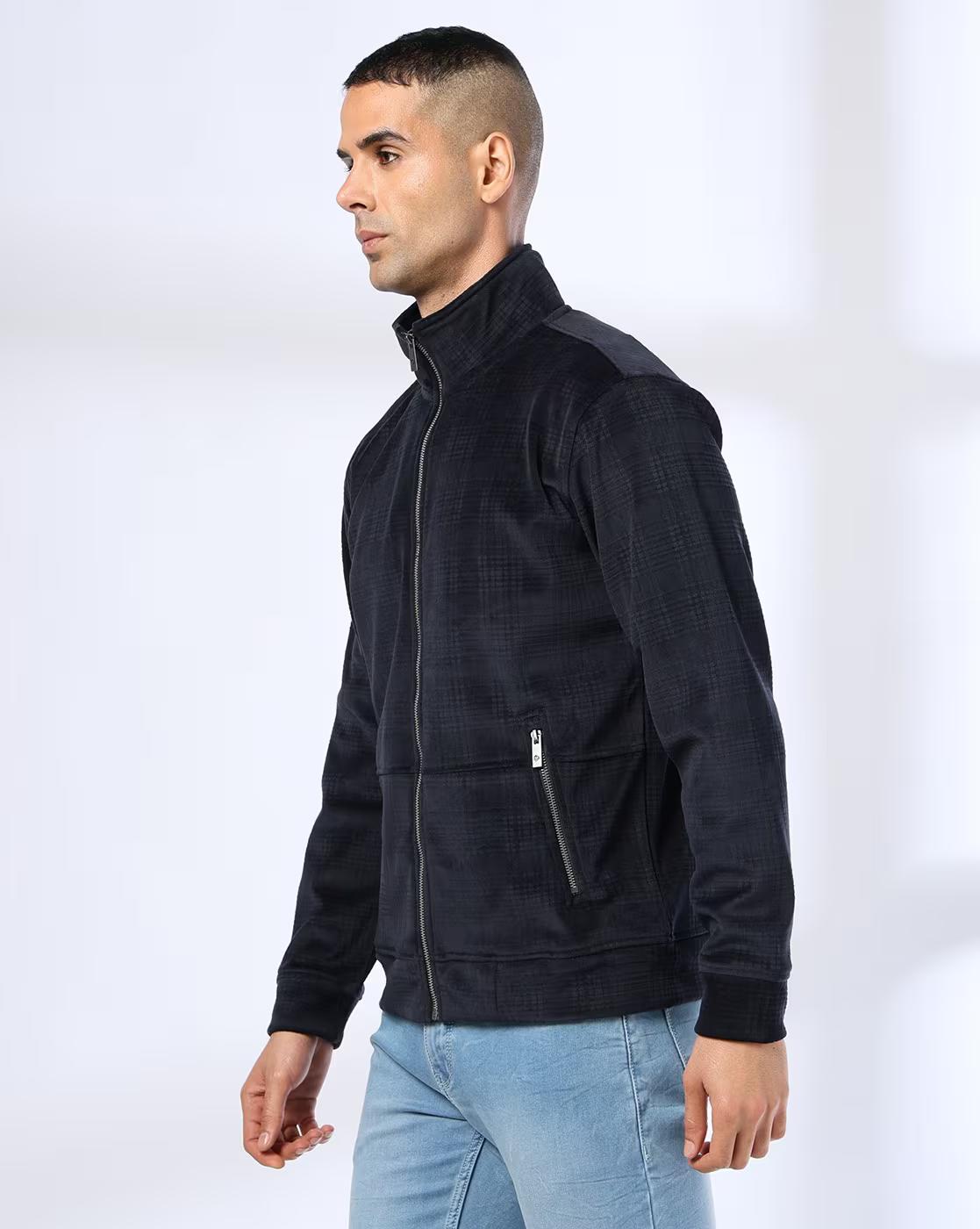 Men Checked Slim Fit Zip-Front Sweatshirt