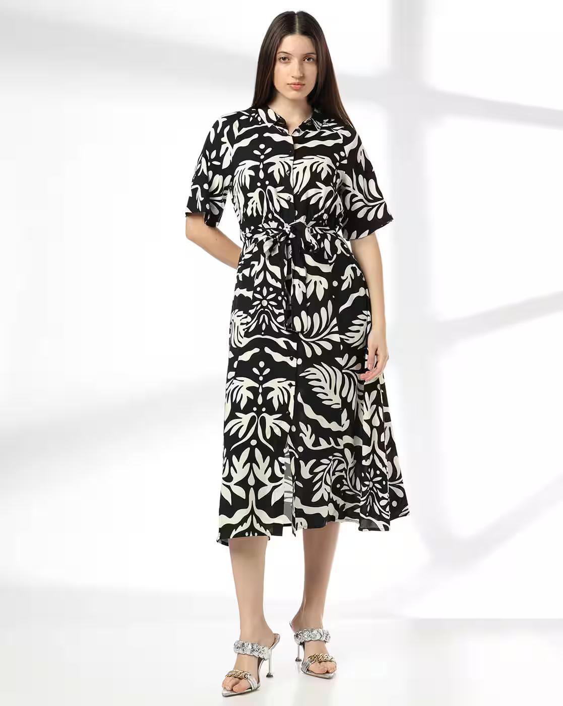 Women Floral Print Shirt Dress