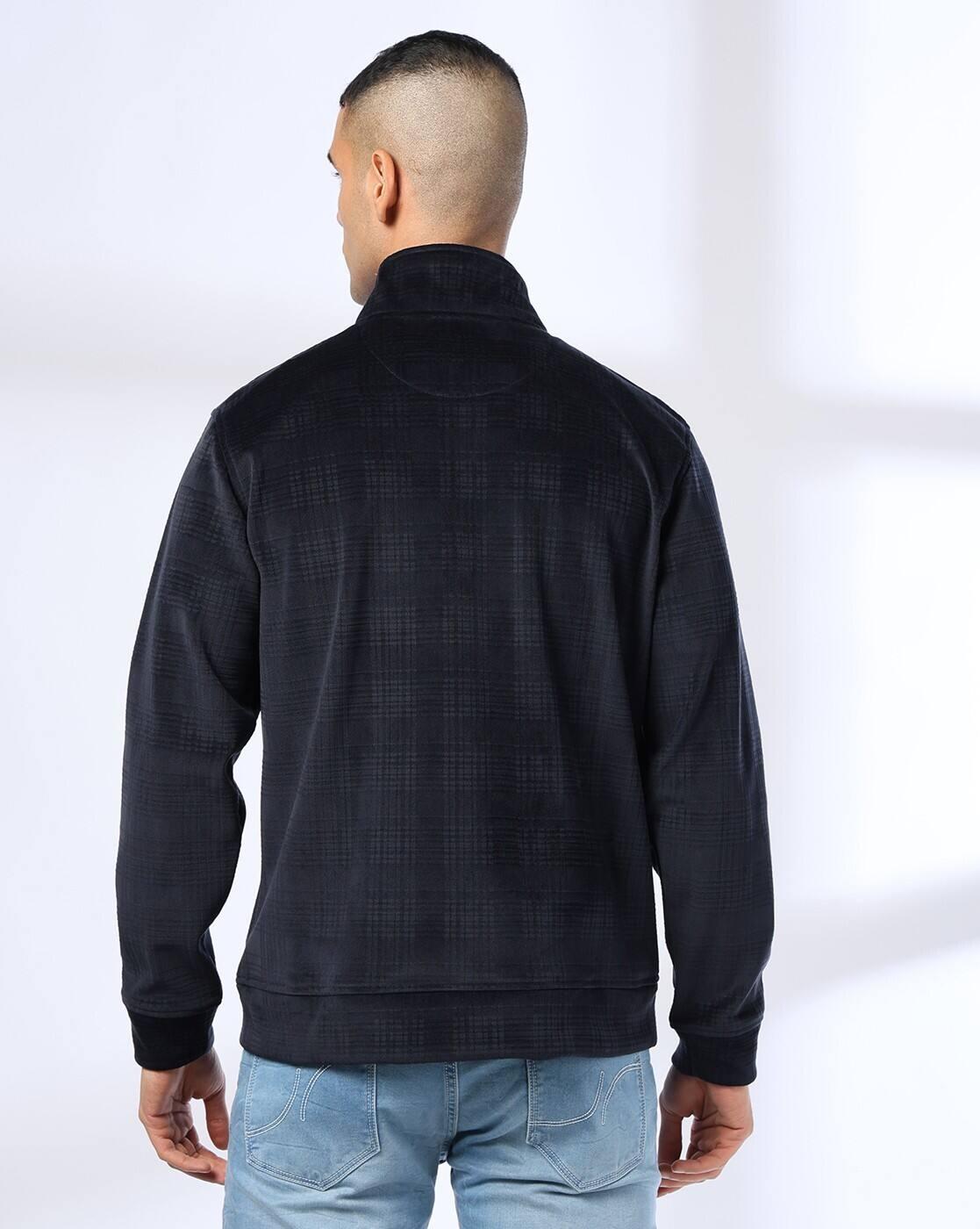 Men Checked Slim Fit Zip-Front Sweatshirt