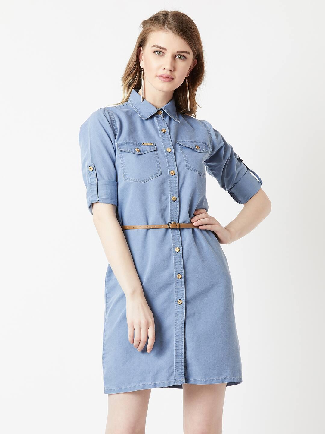 Blue solid buttoned A-line min, BLUE, XL