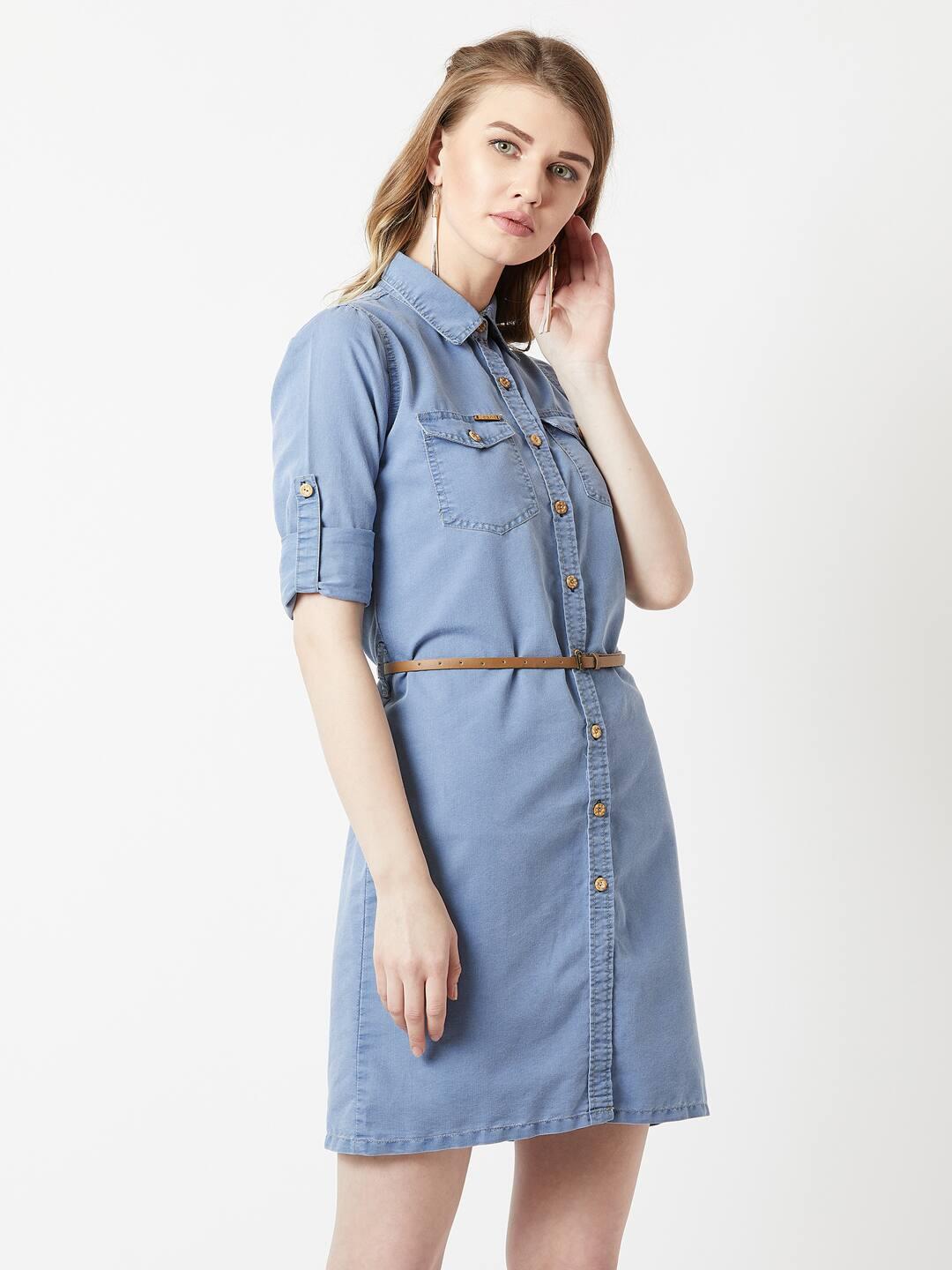 Blue solid buttoned A-line min, BLUE, XL
