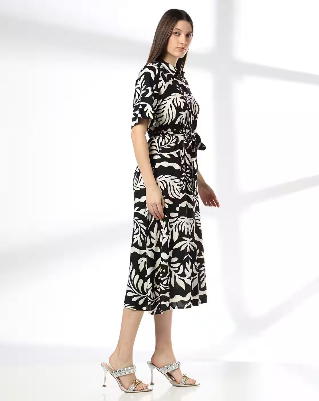 Women Floral Print Shirt Dress