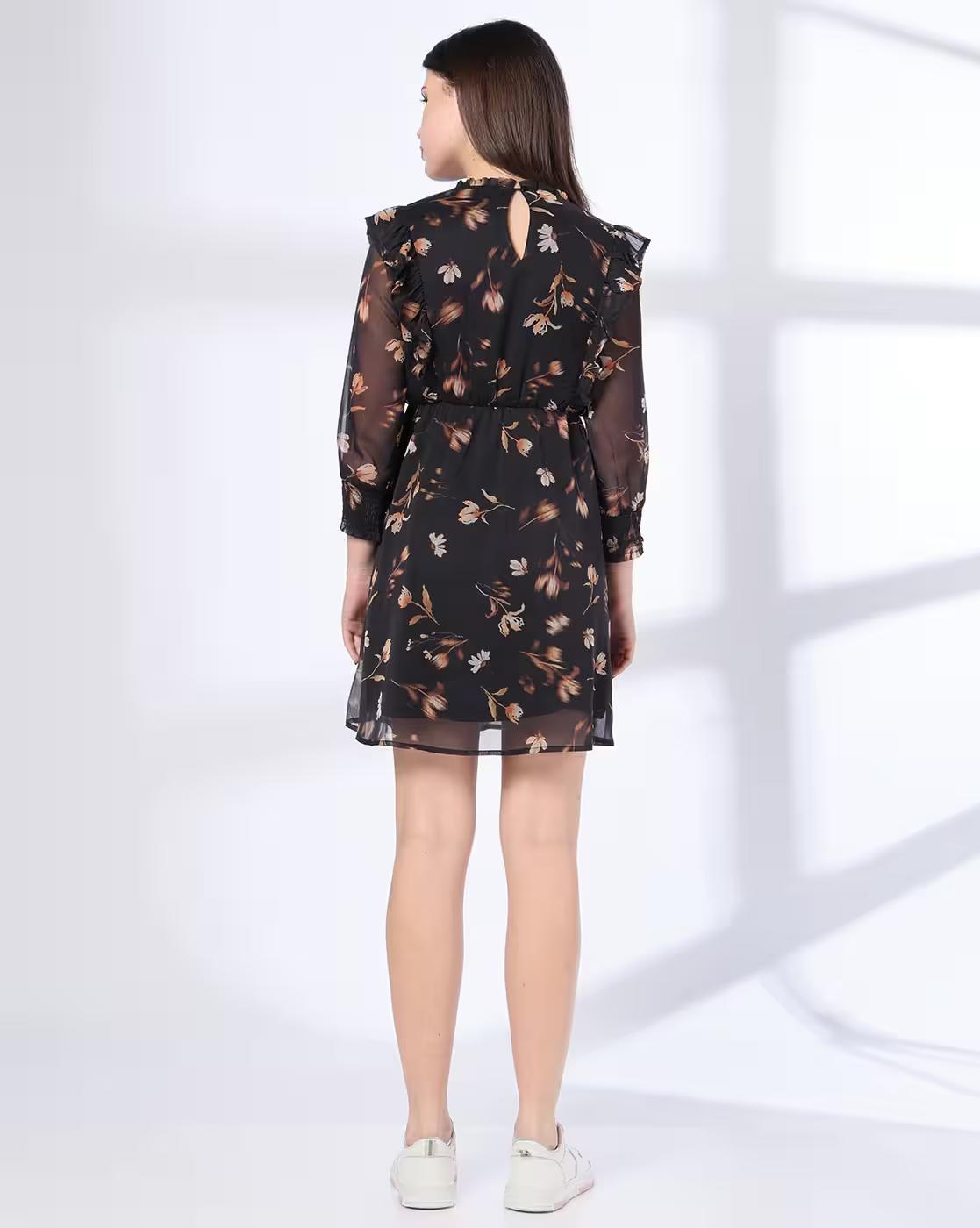 PRINTED RUFFLE DRESS, BLACK, M