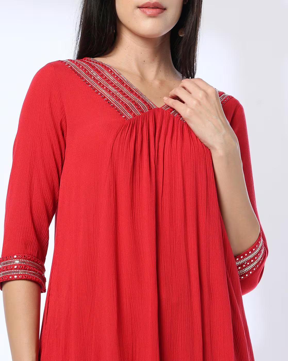 V NECK MIRROR EMBROIDERED KUR, MAROON, L