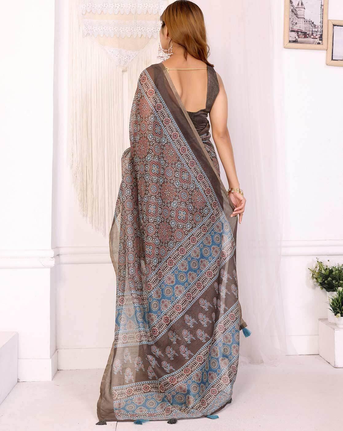 Lightweight Linen Saree with Gold Zari Border