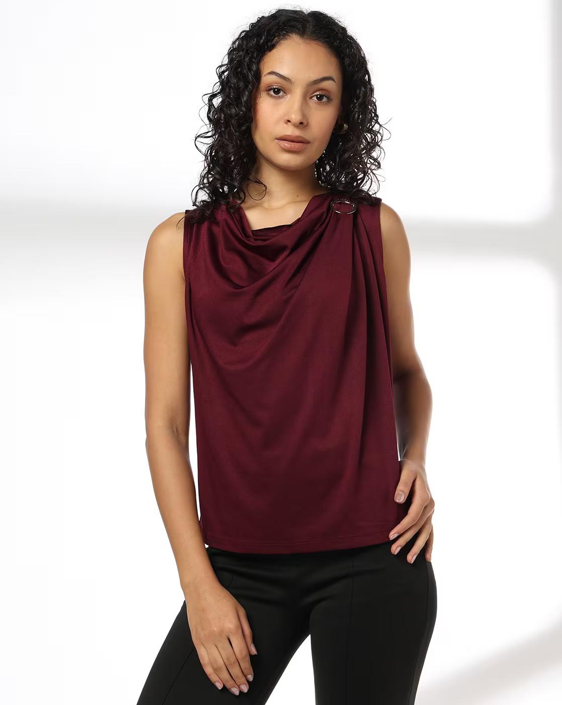 SLEEVELESS COWL NECK TOP, MAROON, S