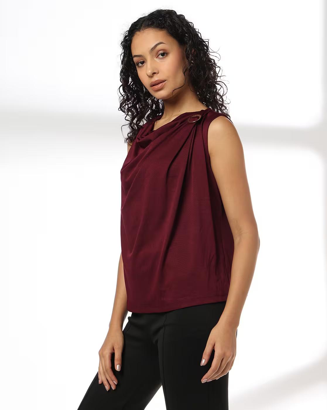 SLEEVELESS COWL NECK TOP, MAROON, S