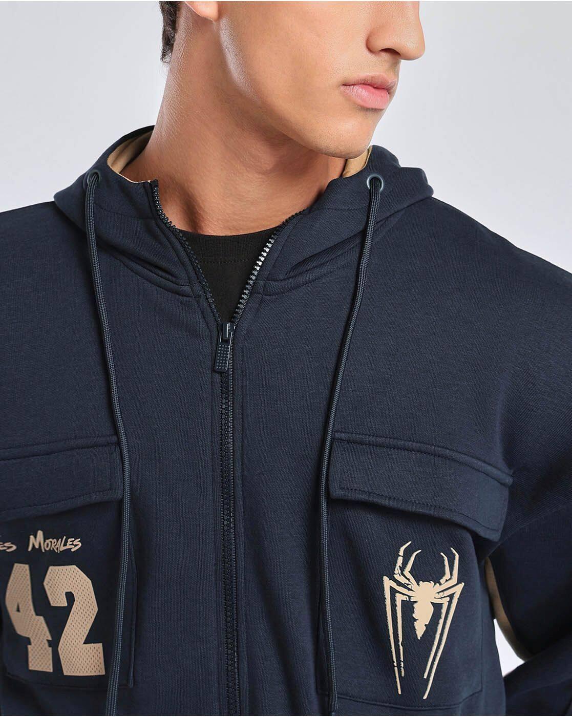 Marvel - Men's Navy Blue Spiderman Typography Oversized Zipper Hoodies