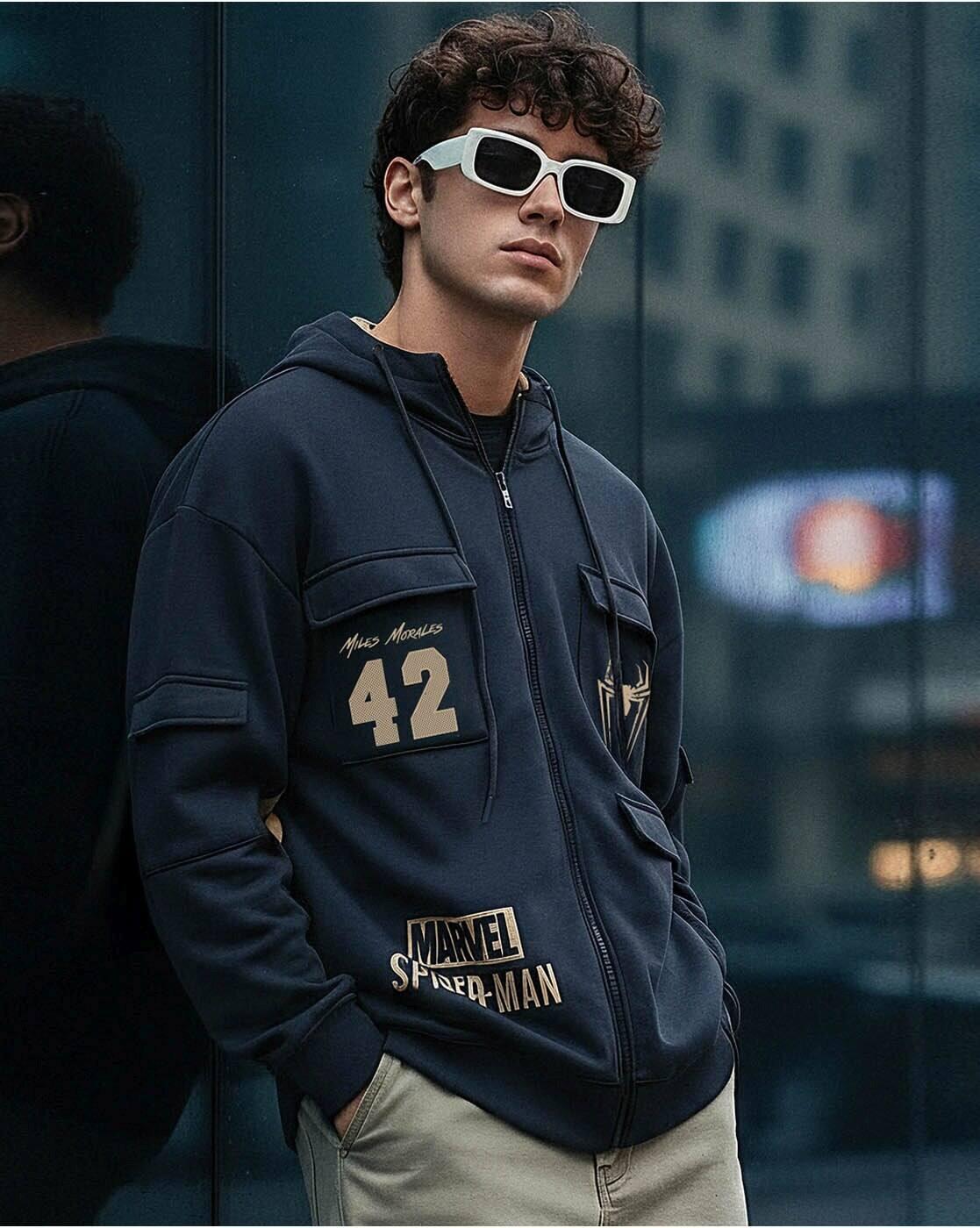 Marvel - Men's Navy Blue Spiderman Typography Oversized Zipper Hoodies