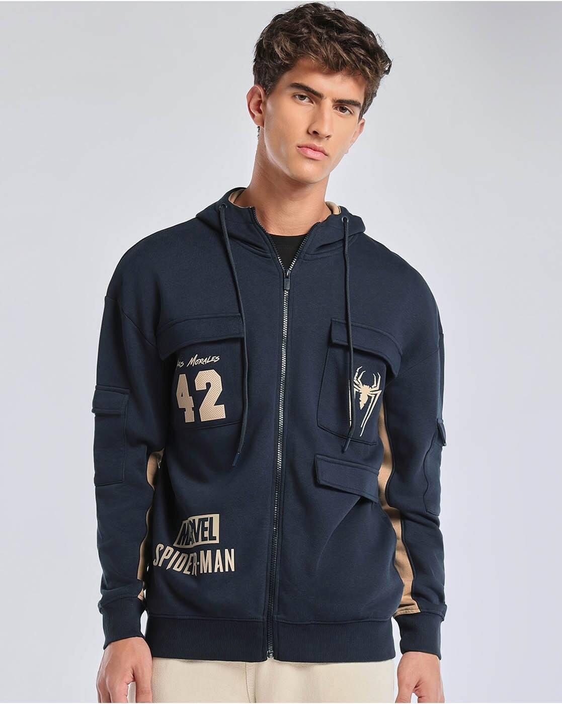Marvel - Men's Navy Blue Spiderman Typography Oversized Zipper Hoodies