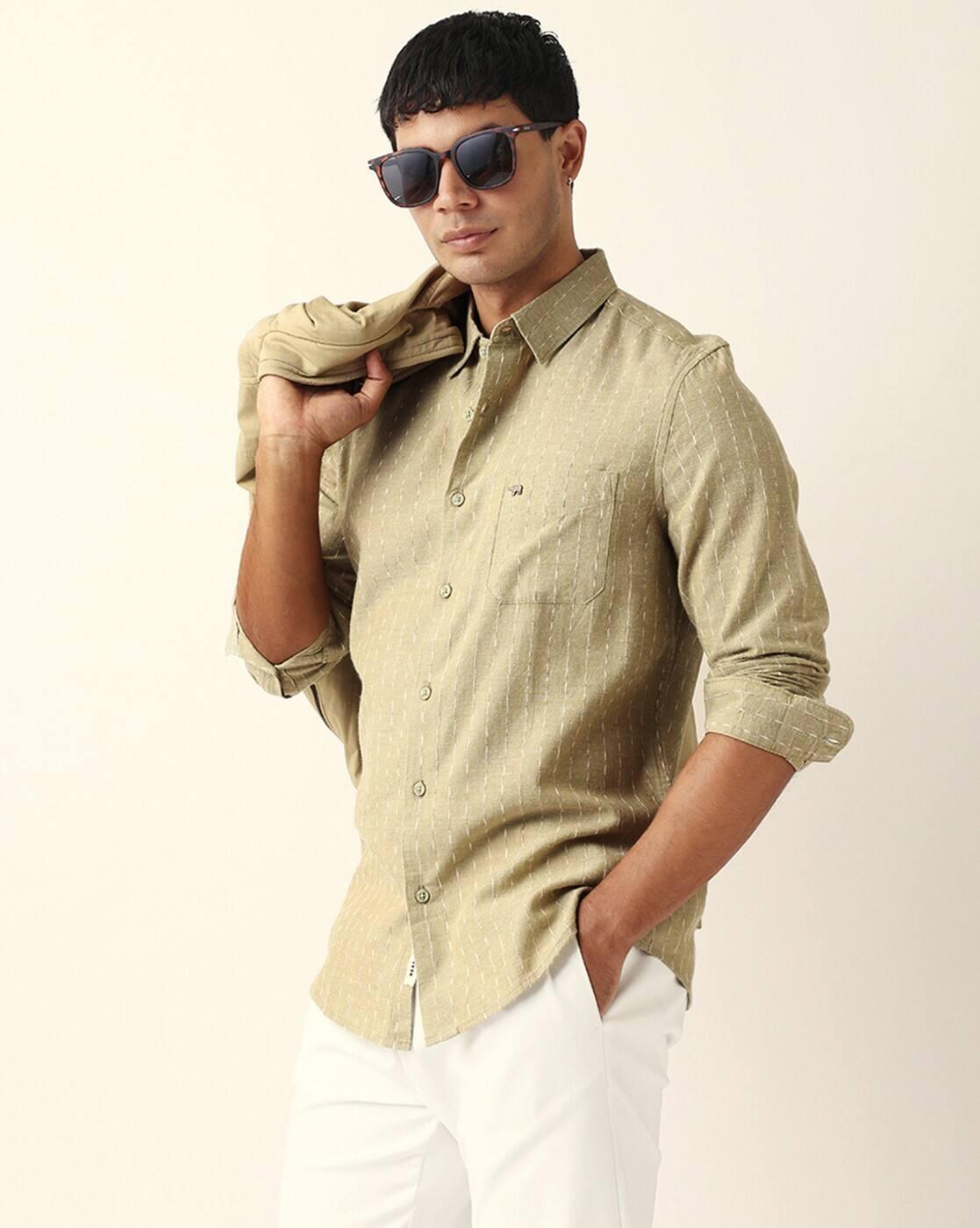 Men Woven Striped Slim Fit Cas, GREEN, L