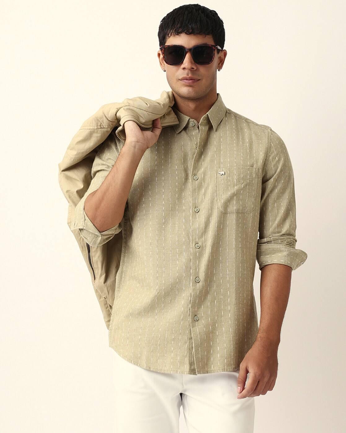 Men Woven Striped Slim Fit Cas, GREEN, L