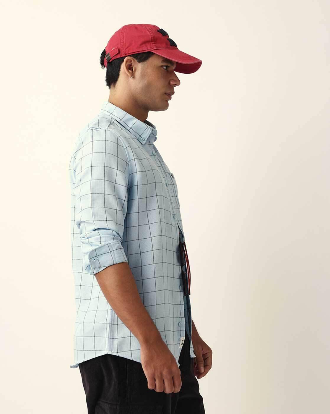 Men Checked Slim Fit Casual Shi, BLUE, M