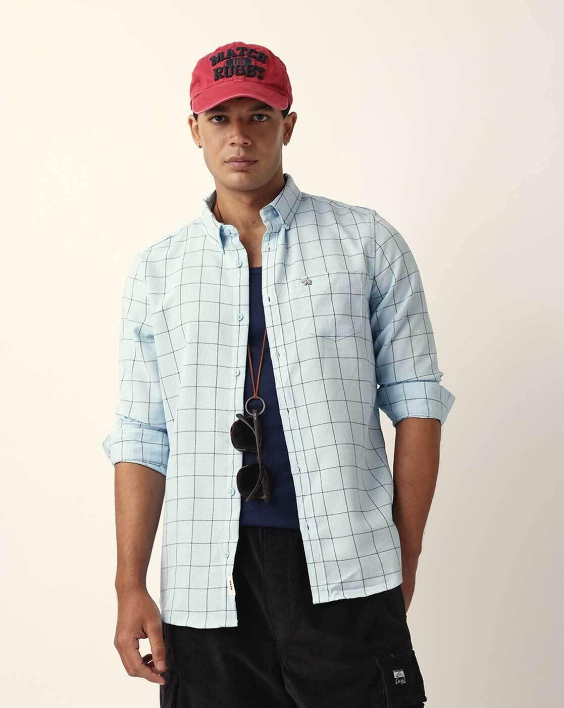 Men Checked Slim Fit Casual Shi, BLUE, M
