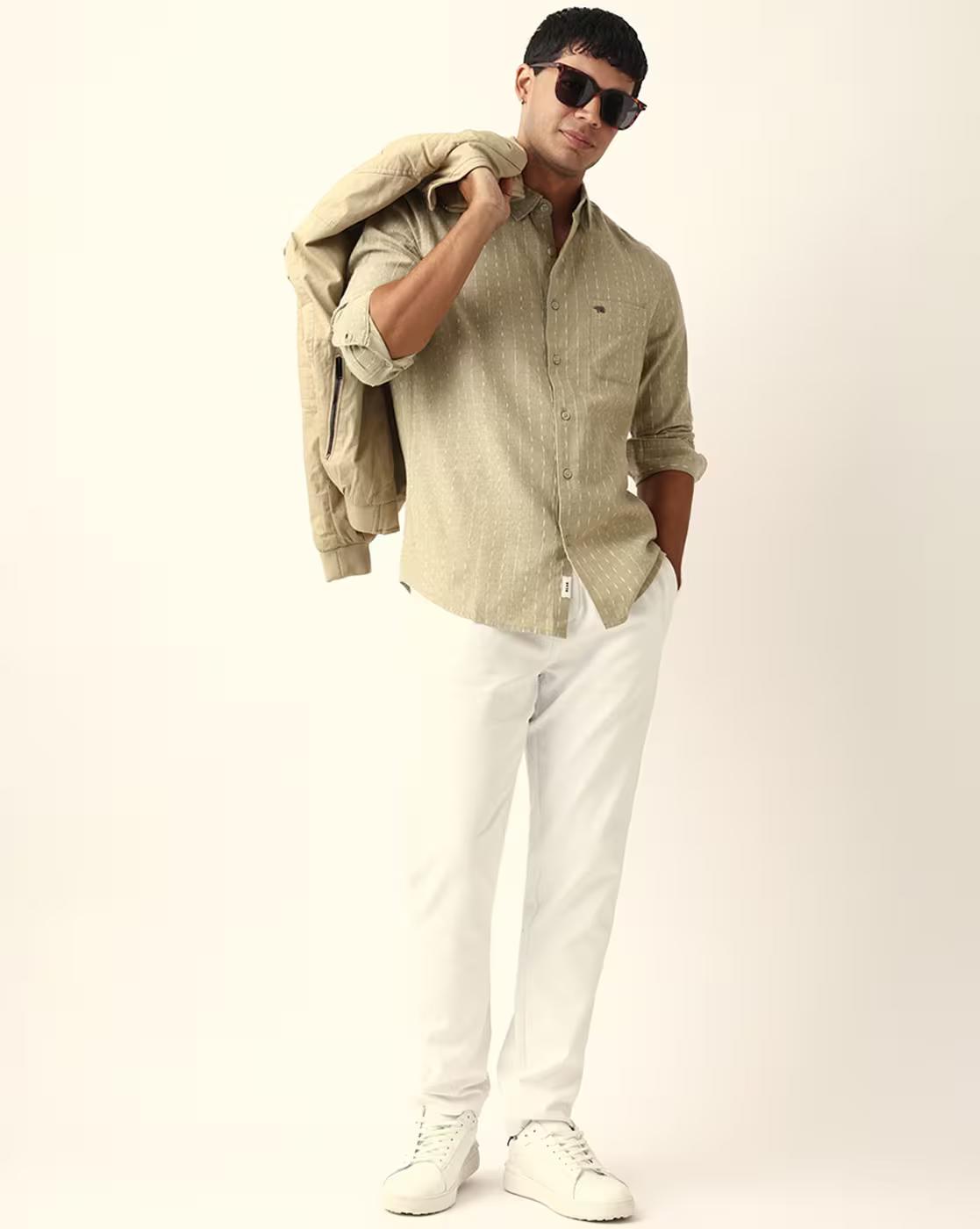Men Woven Striped Slim Fit Cas, GREEN, L
