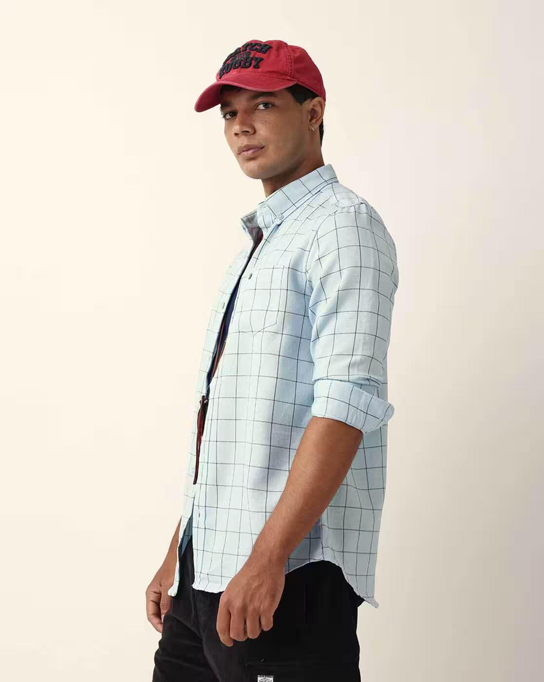 Men Checked Slim Fit Casual Shi, BLUE, M