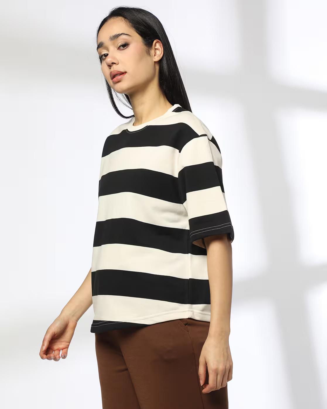 Women Striped Regular Fit Crew-Neck T-Shirt
