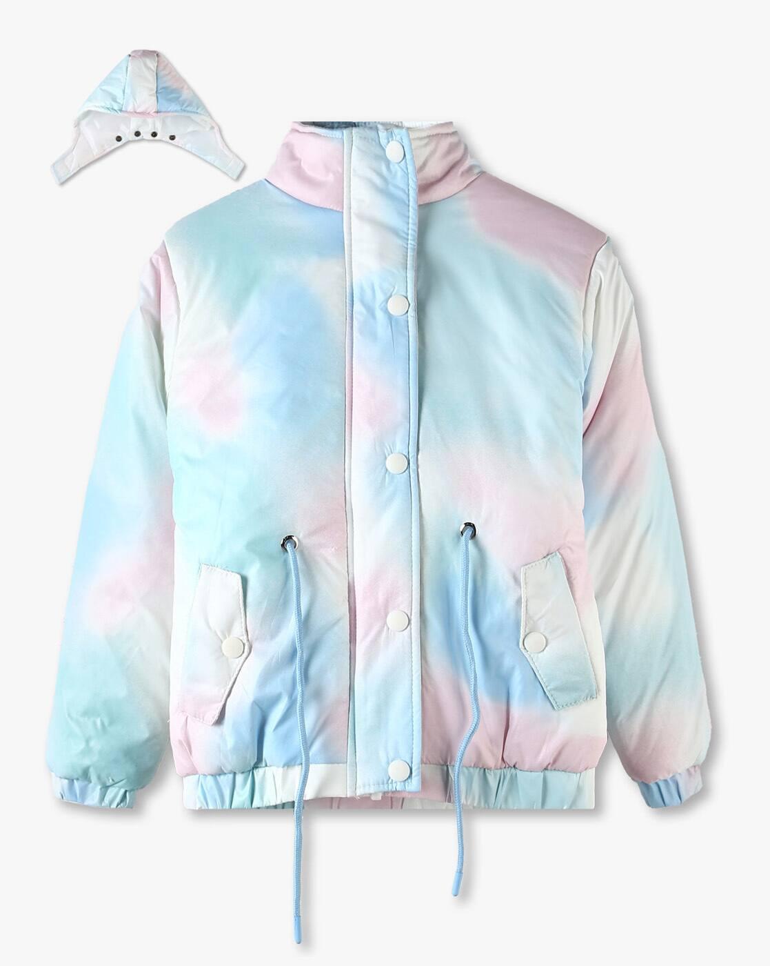 Girls Tie & Dye Regular Puffer Jacket with Detachable Hood